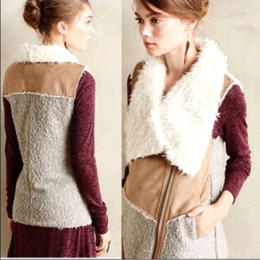 Anthropologie Saturday Sunday Tan Sherpa Faux Fur Moto Vest Faux Suede M